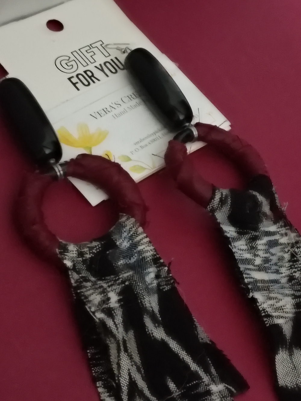 Handcrafted Maroon and Black Fabric Hoop Drop Earrings